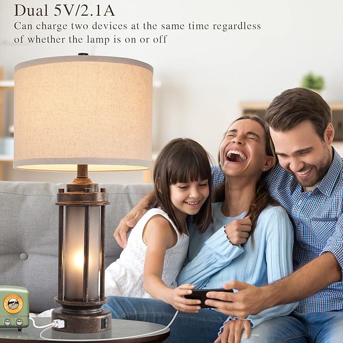 Set of 2 Farmhouse Lamps for Living Room, Rustic Vintage Bedroom Nightstand Table Lamp with 2 USB Charging Ports, Built-In Frosted Glass Night Light for End Table Entryway, 4 Bulbs Included (Bronze) - Bloomnest