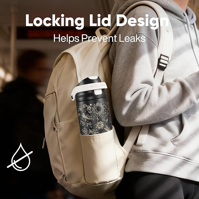 ENCOOL Leakproof Insulated Water Bottle with Straw Dual-Sip Water Bottle Bag-Safe Design for Work, Commute & Gym – Keeps Drinks Cold All Day, 24 oz, Oracle Moth ENCOOL