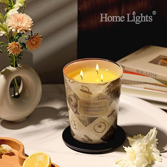 HomeLights 3-Wick Candles for Home Scented - 34oz Soy Wax Blend Candle Long-Lasting Fragrance, Rustic Modern Home Decor and Housewarming Gifts, Candied Apple Cinnamon - Bloomnest