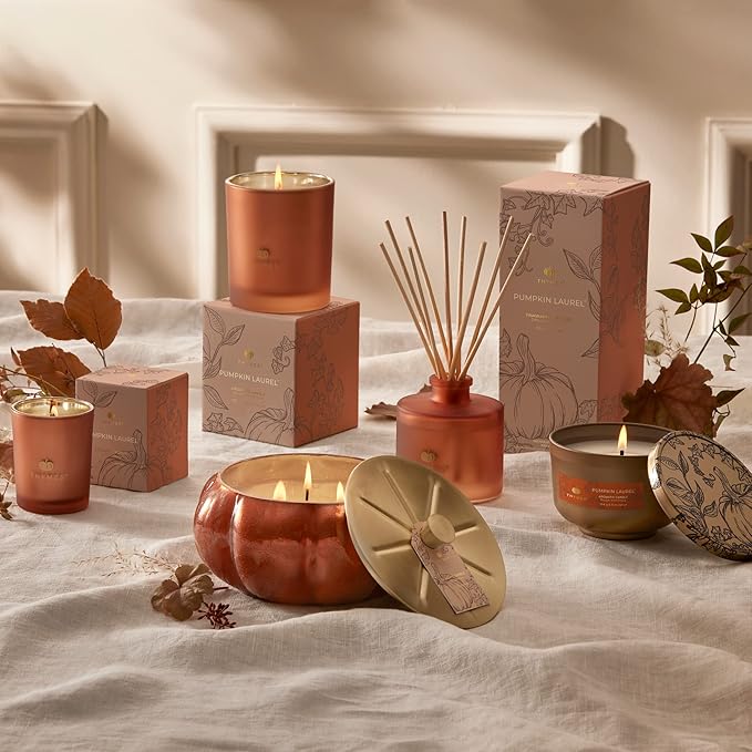 Thymes Scented Candles for Home Decor - Luxury Home Fragrance Gifts for Women & Men - Fall Candles with Creamy Pumpkin, Nutmeg, & Cinnamon - Burnt Orange Votive (Pumpkin Laurel, 2 oz) - Bloomnest