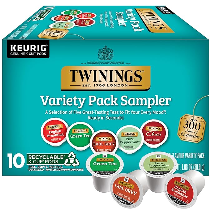 Twinings K-Cup Pods Variety Pack, Includes English Breakfast, Earl Grey, Chai, Green, and Peppermint for Keurig and Single Cup Brewers, 10 Count (Pack of 1), Enjoy Hot or Iced - Bloomnest