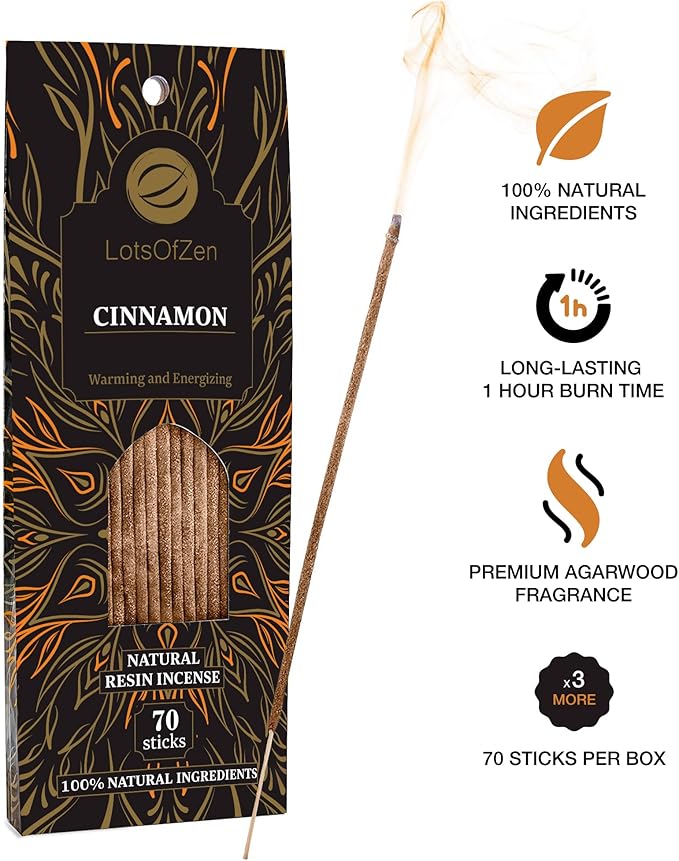Cinnamon Incense Sticks, 70 Pack – Hand-Rolled, 8-Inch, Long-Burning – Natural Warm Sweet Aroma for Meditation, Yoga, Relaxation, Spiritual Practices LotsOfZen