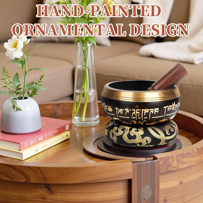 AKLOT HandMade Meditation Singing Bowl: Tibetan Sound Bowl Set with Pure Tone, Sound Bath Bowl with Cushion, Mallet, Carry Bag, Spiritual Gift for Chakra Clearing, Yoga, Prayer, Relaxation (5 Inch)