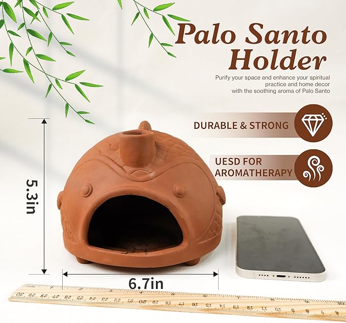 Large Fish-Shaped Terracotta Palo Santo Holder - Cone Burner for Sage,Chiminea Incense Dish with Chimney,Ideal for Meditation, Zen, Yoga, Spa & Wellness | Anxiety & Stress Relief Items MOUGIGI