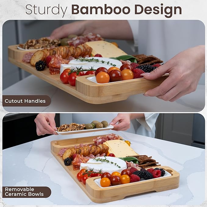 Charcuterie Board Gift Set - Bamboo Cheese Board & Serving Tray for Meat, Cheese, Crackers, and Fruit - Large Wooden Charcuterie Boards for Parties - Wedding, Housewarming, for Women - Bloomnest