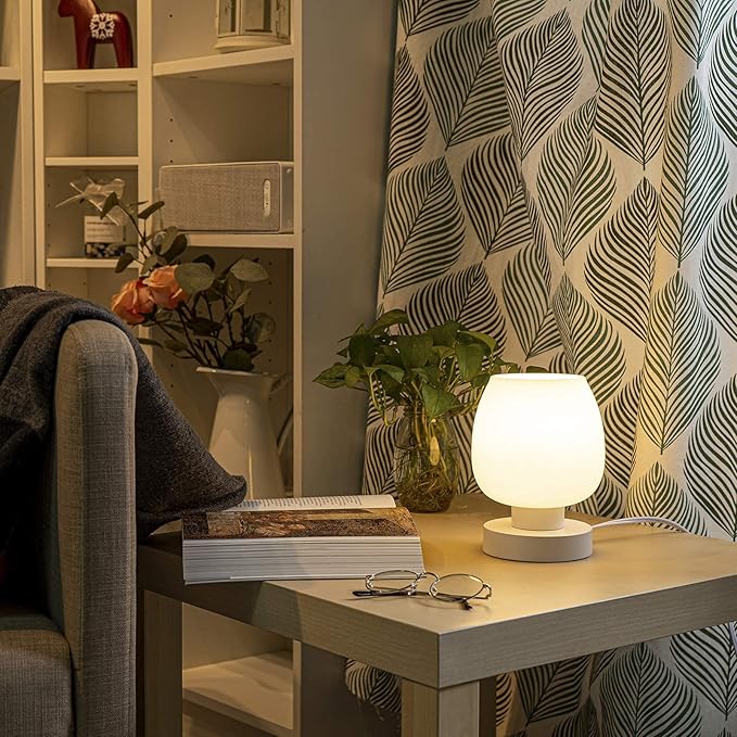 Touch Bedside Table Lamp - Modern Small Lamp for Bedroom Living Room Nightstand, Desk lamp with White Opal Glass Lamp Shade, Warm LED Bulb, 3 Way Dimmable, Simple Design - Bloomnest