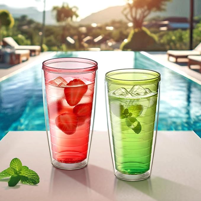 Amazing Abby - Alaska - 24-Ounce Insulated Plastic Tumblers (Set of 4), Double-Wall Plastic Drinking Glasses, Mixed-Color Reusable Plastic Cups, BPA-Free, Shatter-Proof, Dishwasher-Safe - Bloomnest
