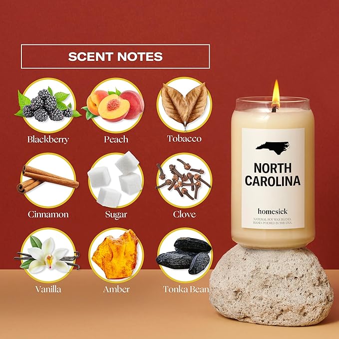Homesick Scented Candles for Home (North Carolina) - 13.75 oz Long-Lasting Soy Wax Jar Candle for Women & Men for All Occasions, 60-80 Hours Burn Time - Notes of BlackBerry, Peach & Tobacco - Bloomnest