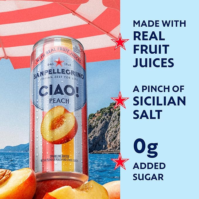 Sanpellegrino CIAO Peach Sparkling Water, Low-Calorie Italian Sparkling Water with Real Fruit Juices, 0g Added Sugar, 24-Pack - Bloomnest