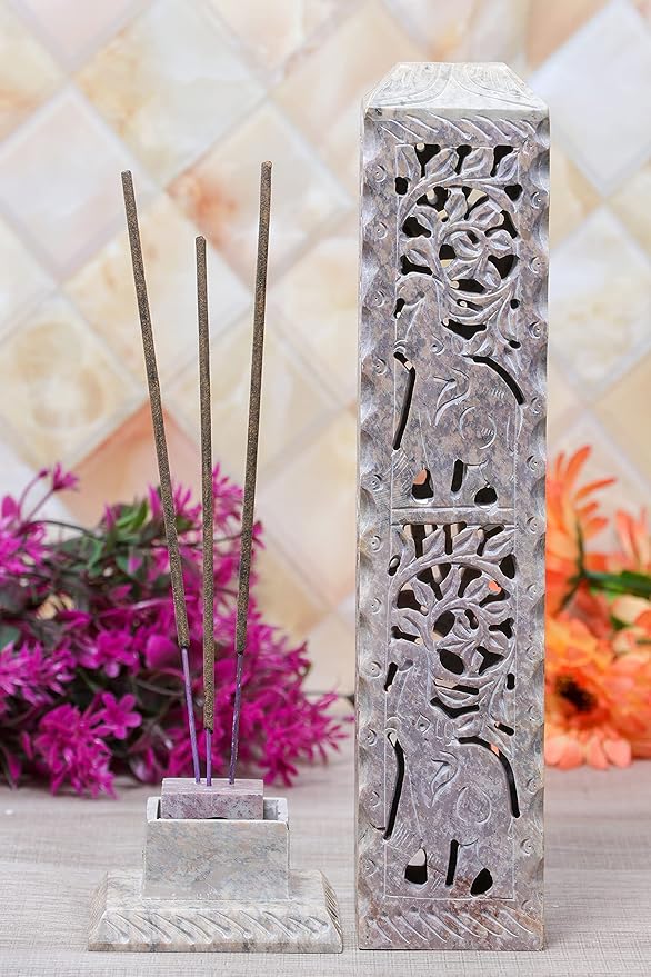 Crocon Handmade Incense Tower Burner Soapstone Leaf Design Tea Light Candle Holder | Incense Burner | Livingroom Decorative and Home Decor Best Gift Set - 3X3X11 Inch