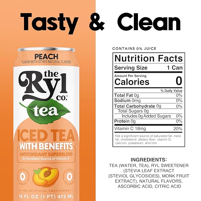Ryl Iced Tea, Peach, Antioxidant Superblend, Zero Sugar, Low Carb, Zero Calorie Iced Tea, 16.0 Fl Oz (12-Pack) - Bloomnest