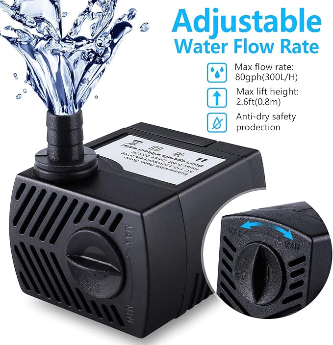 Fountain Pump, 80GPH(4W 300L/H) Submersible Water Pump, Durable Outdoor Fountain Water Pump with 4.9ft Tubing (ID x 1/3-Inch), 3 Nozzles for Aquarium, Pond, Fish Tank, Water Pump Hydroponics - Bloomnest