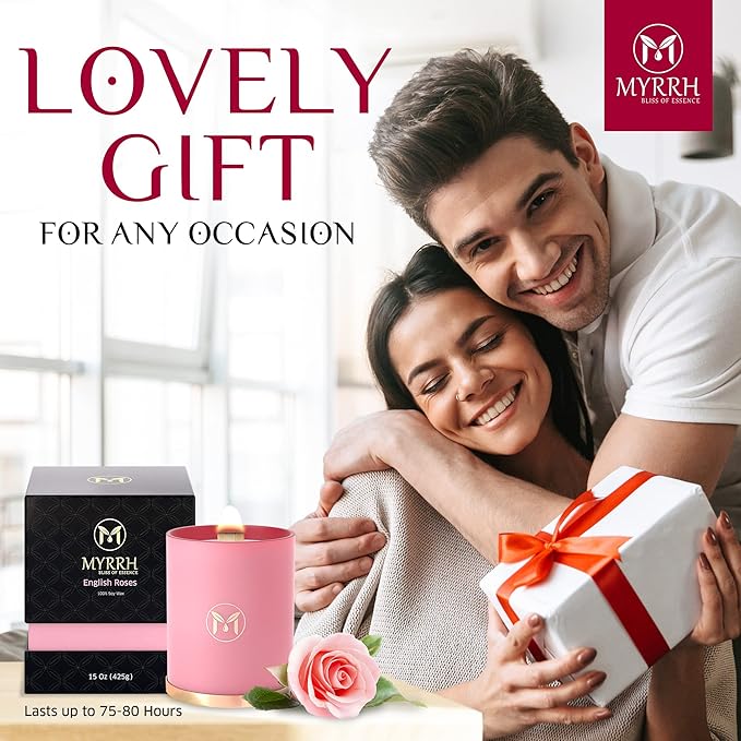 MyrrhUSA Rose Scented Candle – 15 oz Natural Soy Wax with Crackling Wooden Wick & Essential Oils | 80 Hour Burn | Luxury Aromatherapy Candle for Relaxation, Home Décor, Living Room & Bathroom - Bloomnest