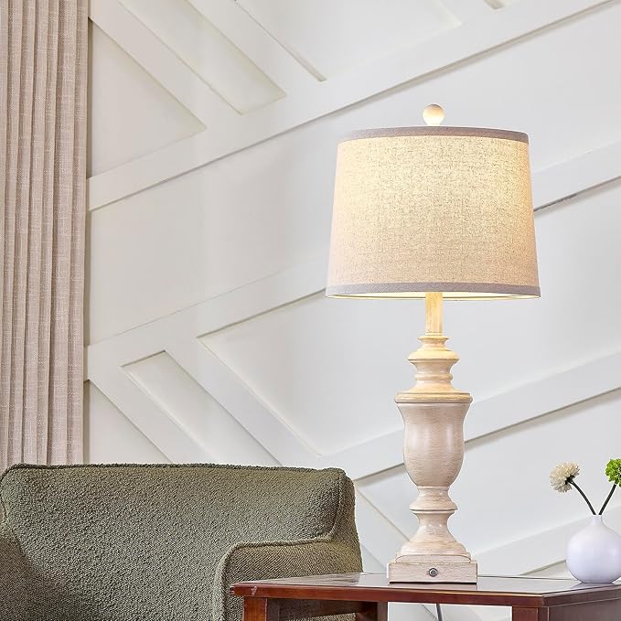 27.5" Set of 2 Farmhouse Table Lamps for Bedroom, 3 Way Dimmable Bedside Lamp with 2 USB +AC Outlet Nightstand Lamps for Living Room Resin Rustic Touch Lamps (Antique Beige) - Bloomnest