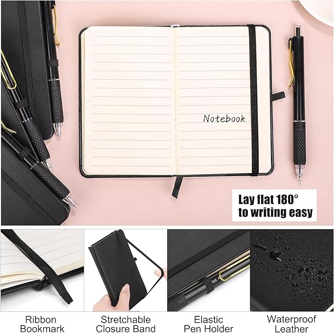 Aodaer 50 Sets Pocket Notebook Journal with Pens, 160 Pages, 3.5 x 5.5 Inch Mini Lined Journal Notebook A6 Leather Hardcover College Ruled Notepad with Pen Holder for School Office Gifts, Black - Bloomnest