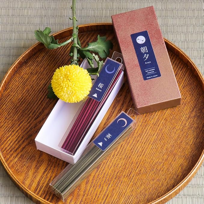 Asayu Japan Low Smoke Incense Gift Set with Incense Holder and Brass Stand, Premium Japan Set (Sakura & Green Tea) Incense Sticks with White Lotus Incense Holder - Bloomnest