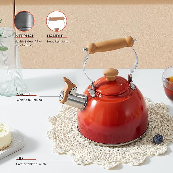 ROCKURWOK Tea Kettle, Tea Pot with Cool Touch Ergonomic Handle, Teapot Food Grade Stainless Steel, Tea Kettle Stovetop, Kettle Teapot, Whistling Tea Kettle, Small Tea Pot, 1.6 Quart (Red) - Bloomnest