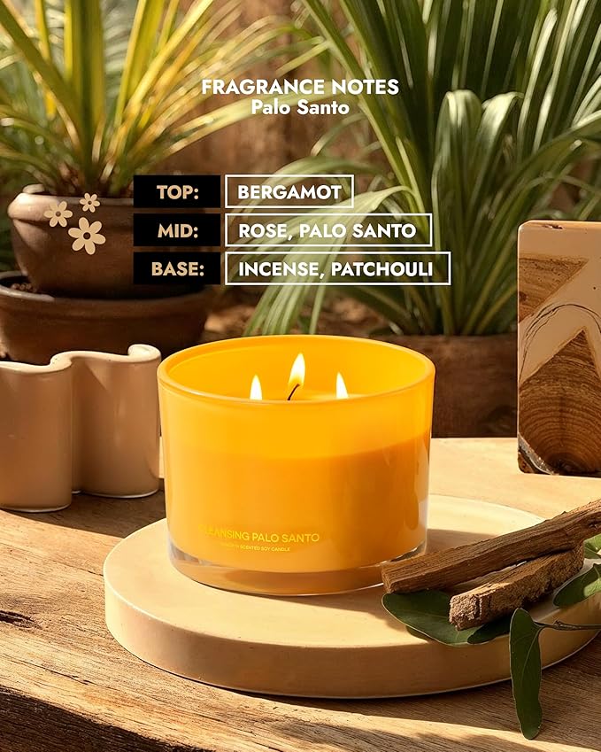 96NORTH Luxury Palo Santo Candle | Large 3 Wick Jar Candle | Up to 50 Hours Burning Time | 100% Natural Soy Wax | Relaxing Aromatherapy Aesthetic Candles | Housewarming Gift for Men and Women - Bloomnest