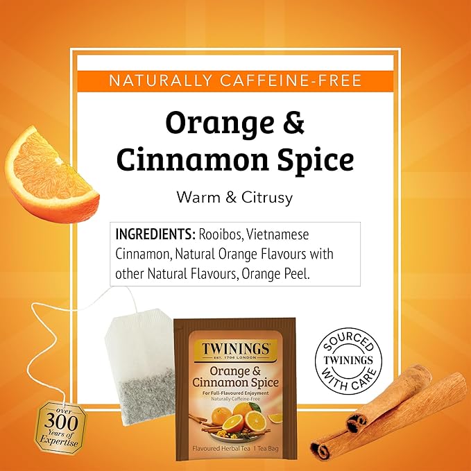 Twinings Orange & Cinnamon Spice Herbal Tea Individually Wrapped Bags, 20 Count (Pack of 2), Naturally Caffeine-Free, Enjoy Hot or Iced, 20 Teabags - Bloomnest