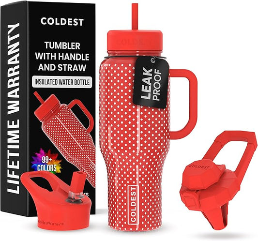 Coldest Tumbler with Handle and Straw - 100% Leak Proof Insulated Tumbler with Lid and Straw (3 Lids) - Stainless Steel Tumblers for Women & Men - Cup Holder Friendly Base, 36 oz (Red Dress) - Bloomnest