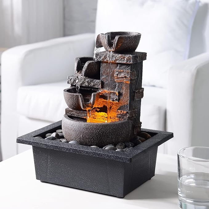 Kalona Décor Desktop Fountain - 10" 4-Tier Design with Imitation Stone, Indoor Waterfall Tabletop River Rocks & Resin Material for Serene Meditation & Relaxation - Ideal for Home & Office Decor - Bloomnest