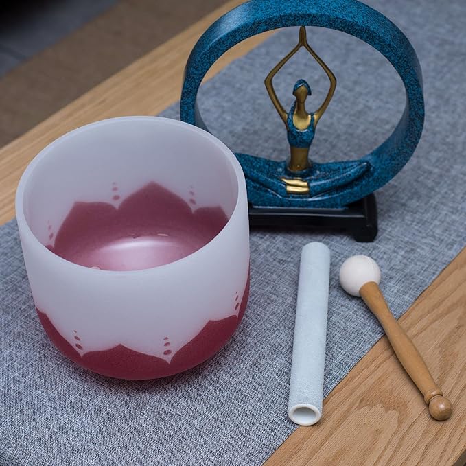 Leize Quartz Crystal Singing Bowl C Note 432 hz Root Chakra Red Lotus Design 12" Wide with Suede Striker - Bloomnest