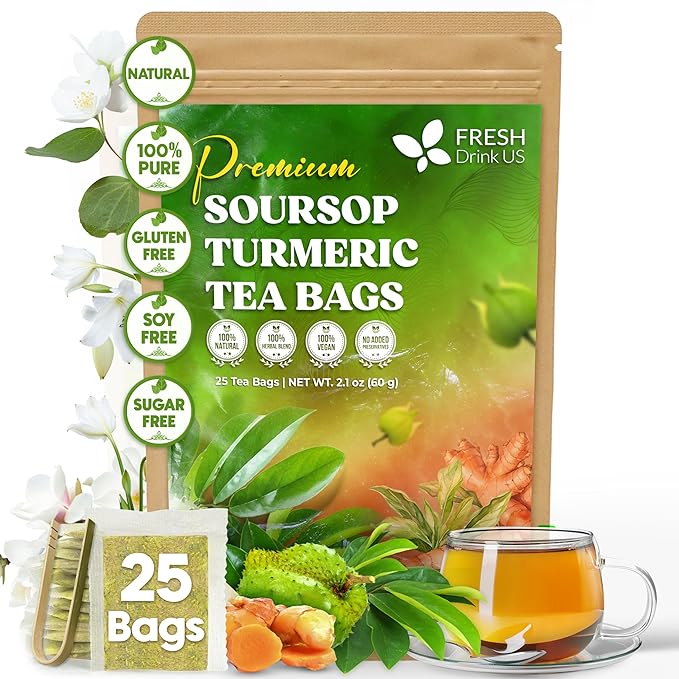 FreshDrinkUS, Premium 25 Tea Bags Soursop Turmeric, 100% Natural, Blend of Soursop Leaves, and Turmeric Root. Made with Natural Material Tea Bags. No Sugar, Vegan. - Bloomnest