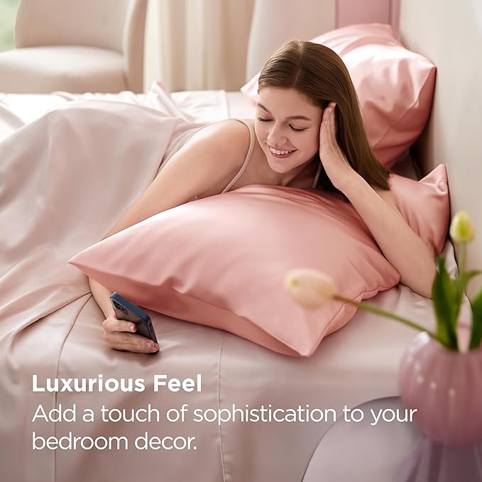 Bedsure Satin Pillowcase for Hair and Skin Queen - Peach Pink Silky Pillowcase 2 Pack with Envelope Closure, Similar to Silk Pillow Cases, Gifts for Women Men, 20x30 Inches, 2pcs - Bloomnest