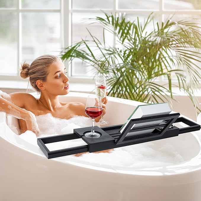 Utoplike Bamboo Bathtub Tray Black, Adjustable Bath Caddy Table for Tub, Bathroom Organizer with Book Tablet Wine Glass Cup Towel Holder - Bloomnest
