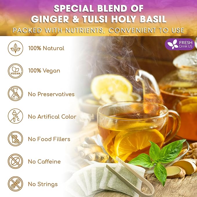 FreshDrinkUS, Premium 35 Ginger Tulsi Tea Bags, 100% Natural, Hand-made Blend of Ginger and Tulsi Holy Basil Leaves, Eco-conscious Tea Bags. Ginger Tulsi Herbal Tea. No Sugar, No Caffeine, Vegan. - Bloomnest