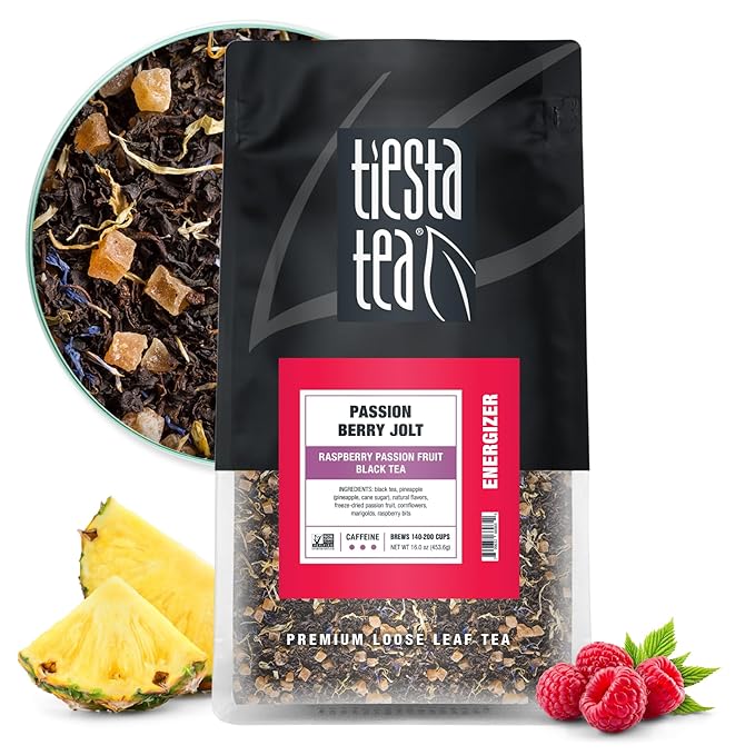 Tiesta Tea - Passion Berry Jolt, Loose Leaf, Raspberry Passion Fruit Black Tea, Premium Blend, Caffeinated Black, Make Hot or Iced Brews Up to 200 Cups, 16oz Resealable Bulk Pouch - Bloomnest