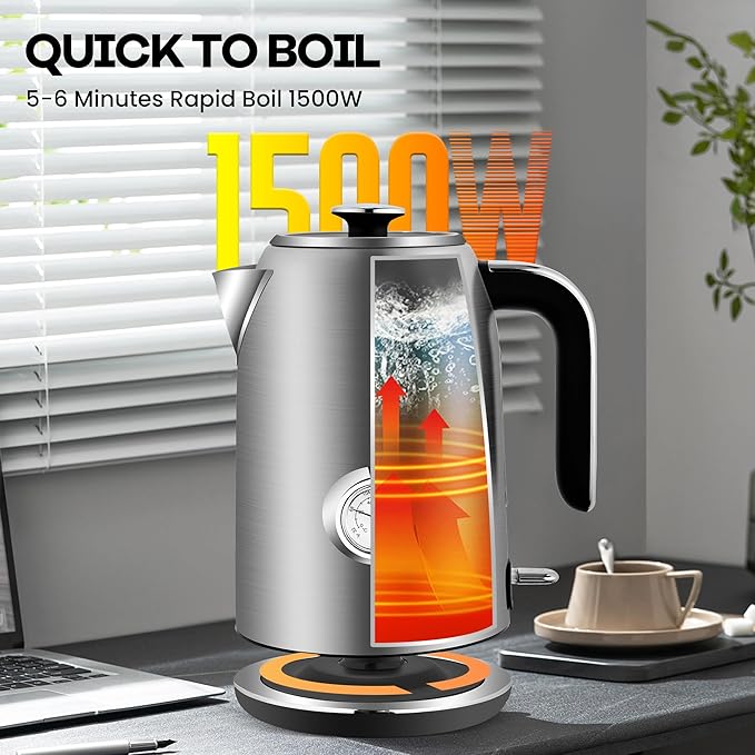 Pukomc Electric Kettle,1.7L Stainless Steel Electric tea kettle with Temperature Gauge, Fast Boiling, Auto Shut - off, BPA - Free, Boil - Dry Protection, (Silver) - Bloomnest
