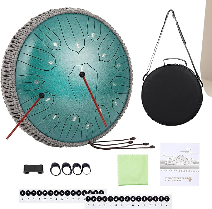 Steel Tongue Drum 12 Inch 15 Notes: Handpan Drums Set with Music Book Mallets Carry Bag - Hand Pan Instrument for Adults Musical Education Meditation Yoga Chakra (Green)