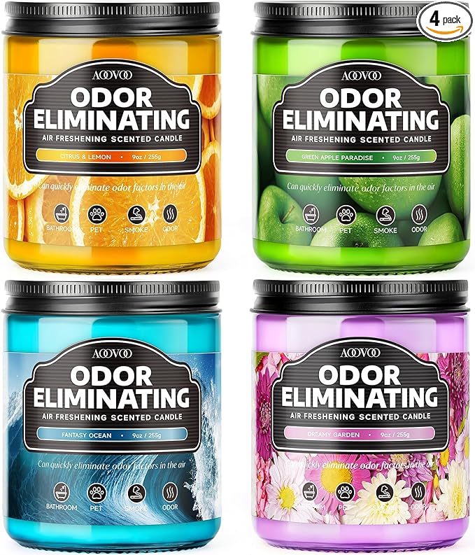 AOOVOO 4 Pack Odor Eliminating Highly Fragranced Candle - Eliminates 95% of Pet, Smoke, Food, and Other Smells Quickly, Air Freshing Soy Candle, Citrus Lemon/Ocean/Apple/Dreamy Garden - Bloomnest