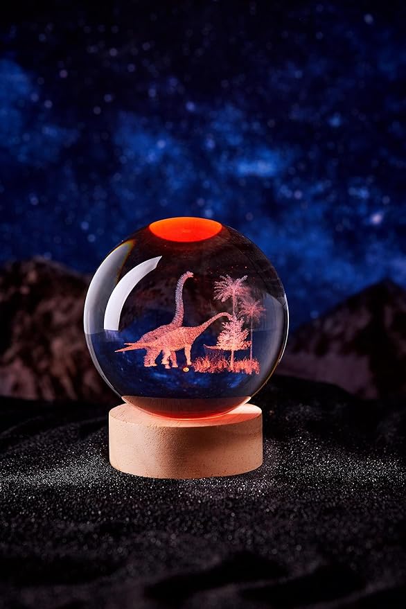 3D Large Dinosaur Crystal Ball Night Light with Wooden Base, Crystal Lamp Gift for Kids Wife Friends, 16 Color Changing with Remote Control, Laser Engraved 3.15 inch Glass Ball Lamp (Dinosaur) - Bloomnest
