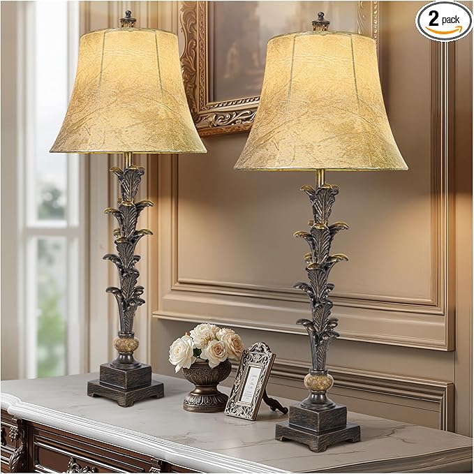 Table Lamps Set of 2 for Living Room, 33'' Tall Bedside Table Lamps with 3 Way Dimmable Bulbs, Farmhouse Buffet Lamps with Laux Leather Shades, Vintage Brown Desk Lamps for Nightstand Bedroom Office - Bloomnest