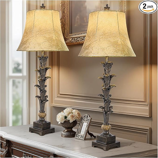Table Lamps Set of 2 for Living Room, 33'' Tall Bedside Table Lamps with 3 Way Dimmable Bulbs, Farmhouse Buffet Lamps with Laux Leather Shades, Vintage Brown Desk Lamps for Nightstand Bedroom Office - Bloomnest