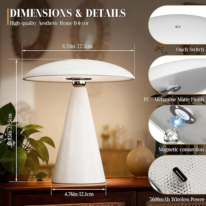 Mushroom Aesthetic Cute Lamp,Magnetic Mid Century Modern Lamp with 3-Mode Lighting for Unique Home Mushroom Decor,Cordless USB Rechargeable Lamps for Bedside/Dorm/Office/Entryway Decor(White) - Bloomnest