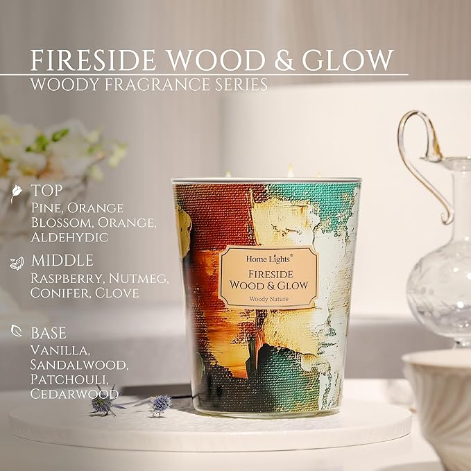 HomeLights 3-Wick Candles for Home Scented - 34oz Soy Wax Blend Candle Long-Lasting Fragrance, Industrial Chic Home Decor and Housewarming Gifts, Fireside Wood & Glow - Bloomnest