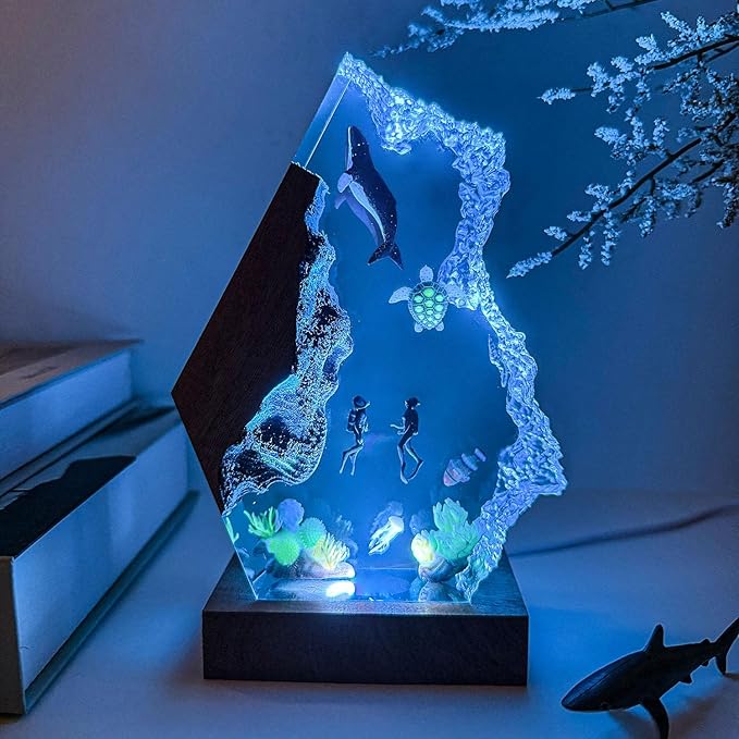 Humpback Whale Ocean Resin Lamp, Handmade Table Relaxing Mood Lamp with USB Port, Art Ornaments for Home Office Decor, Scuba Diver Gift for Birthday Holiday, Valentine's Day Gifts for Husband - Bloomnest
