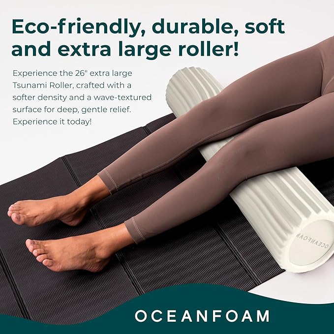 Oceanfoam Tsunami Roller (Natural) - Extra-Large, 26" x 5.9" - Soft, Textured Foam Roller for Physical Therapy, Back Pain, Exercise & Stretching - Wave Textured - Yoga, Athletics, & Wellness - Bloomnest