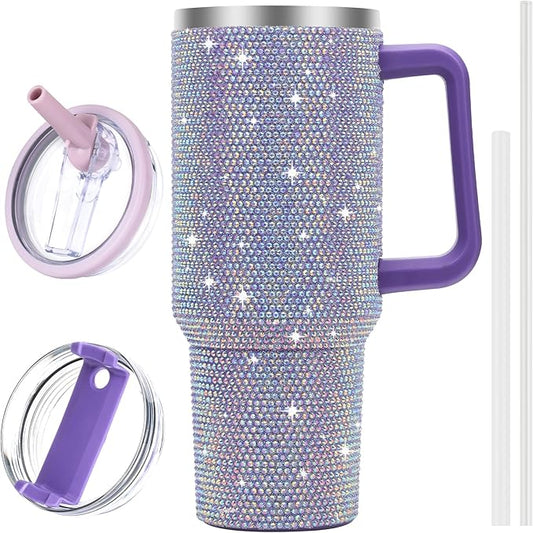 40 oz Tumbler with Handle and Flip Straw Lid, Insulated Leak Proof Double Walled Stainless Steel Rhinestone Diamond Studded Bling Travel Mug Tumblers, Maintains Cold Ice and Heat for Hours - Bloomnest