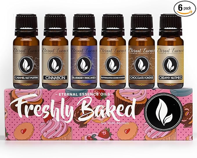 Eternal Essence Oils Freshly Baked Set of 6 Premium Fragrance Oils - Includes Blueberry Pancakes, Caramel Nut Muffin, Butterscotch Cookie Dough, Cinnabon, Chocolate Fondue, and Creamy Nutmeg - 10ML - Bloomnest