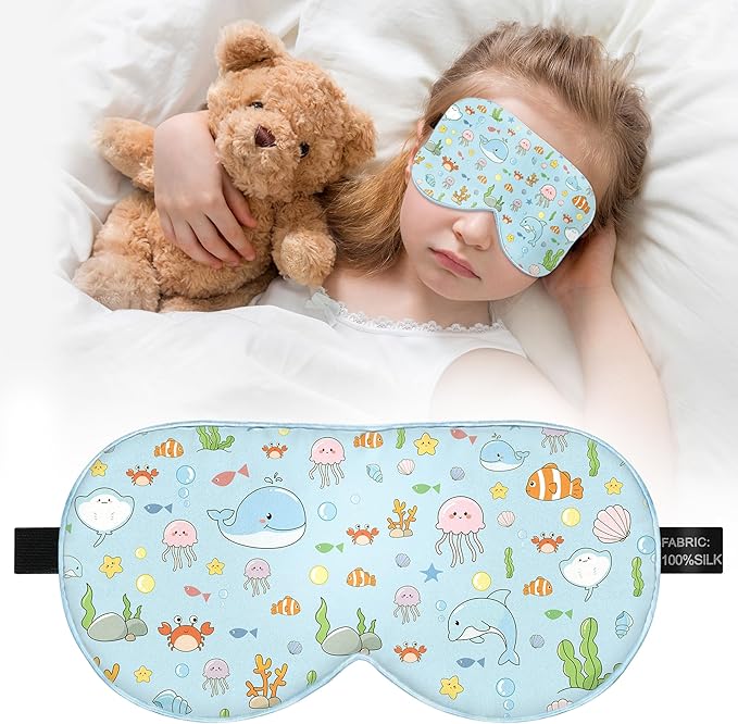 Kids Sleep Mask Eye Cover: 100% Real Natural Pure Silk Eye Mask with Adjustable Strap, Funny Blindfold Kids Eye Mask for Sleeping, Soft & Lightweight Eye Shade for Boys Girls Teens (Ocean Style) - Bloomnest