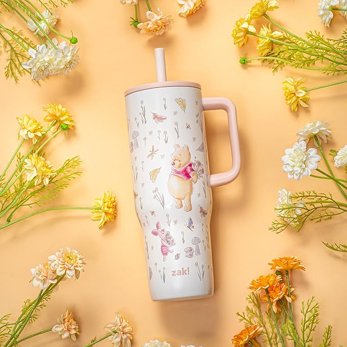 Zak Designs Disney Winnie the Pooh Sutton Travel Tumbler for On the Go, 30oz Stainless Steel with Vacuum Insulation, Silicone Straw, and Carry Handle for Cold Drinks (Pooh and Friends) - Bloomnest