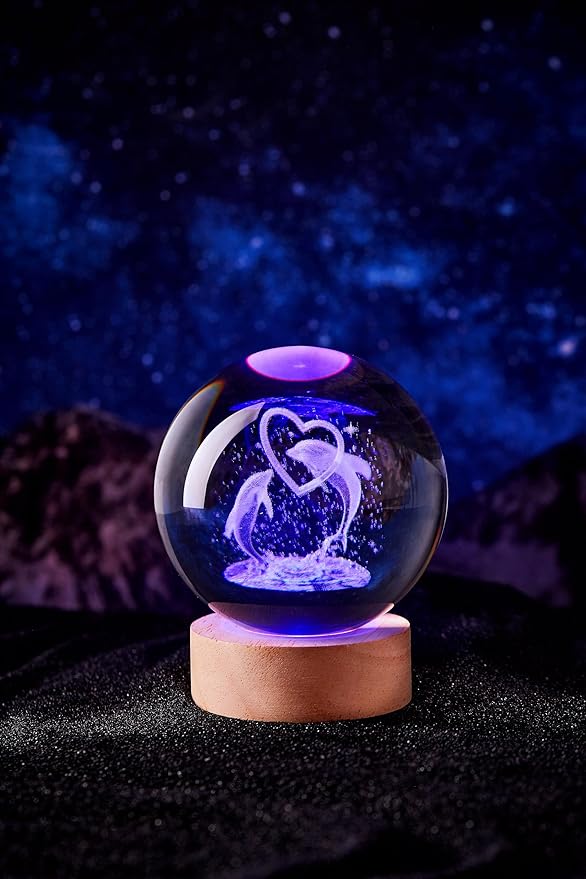 3D Large Dolphin Crystal Ball Night Light with Wooden Base, Dolphins Crystal Lamp Gift for Kids Friends, 16 Color Change with Remote Control, Laser Engraved Underwater World Glass Ball Lamp (Dolphin) - Bloomnest