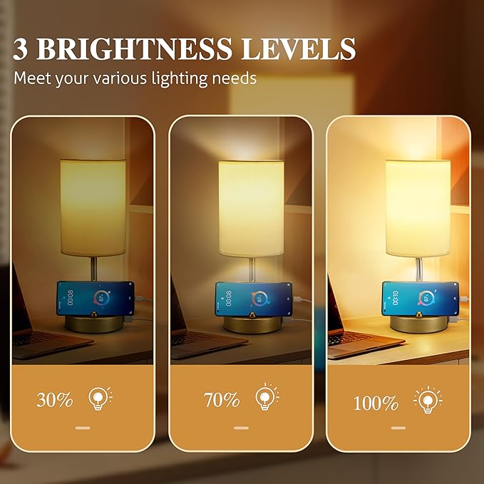 Briever Touch Control Table Lamp for Bedroom, 3-Way Dimmable Nightstand Lamp with USB Charging Ports, Bedside Desk Lamp with Gold Phone Stand & Round Linen Fabric Shade, Bulb Included - Bloomnest