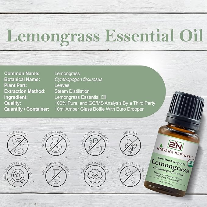 Lemongrass Essential Oil, USDA Certified Organic, 100% Pure Undiluted, Aromatherapy Oil for Diffuser, Hair & Skin Care NirvanaNurture