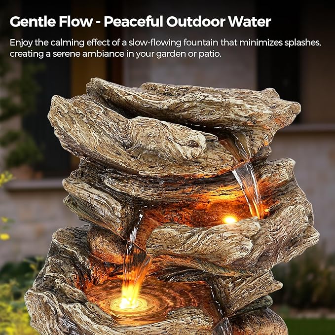 32" High Outdoor Water Fountain, 5-Tiers Cascading Rock Waterfall with LED Lights for Garden, Patio, Yard Decor, Soothing Tranquility for Any Outdoor Living Space - Bloomnest