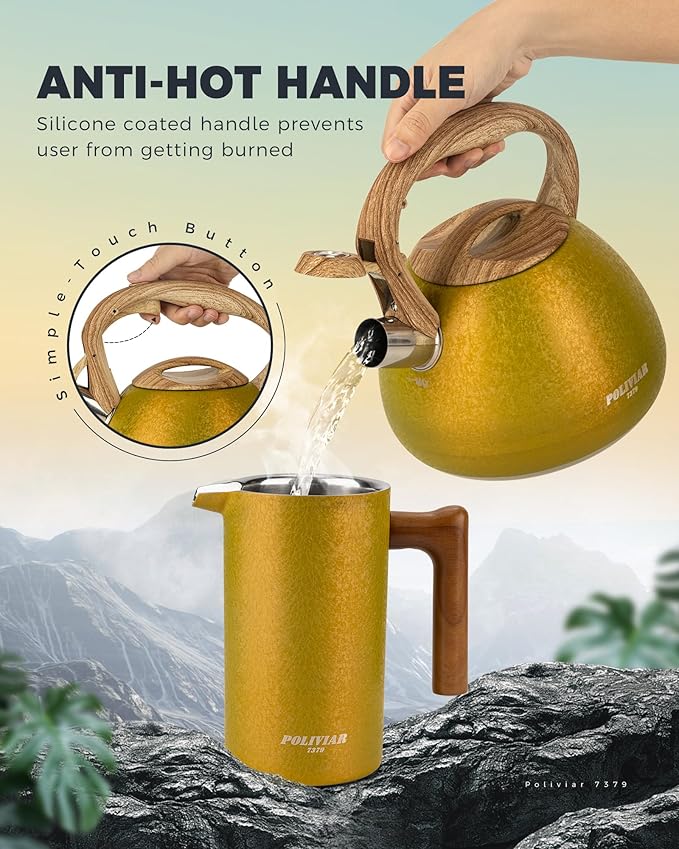 POLIVIAR Tea Kettle, 2.7 Quart Stovetop Tea Kettle, Audible Whistling Teapot with Crackle Finish, Food Grade Stainless Steel for Anti-Rust, Anti Hot Handle, Suitable for All Heat Sources (JX2023-LRY) - Bloomnest